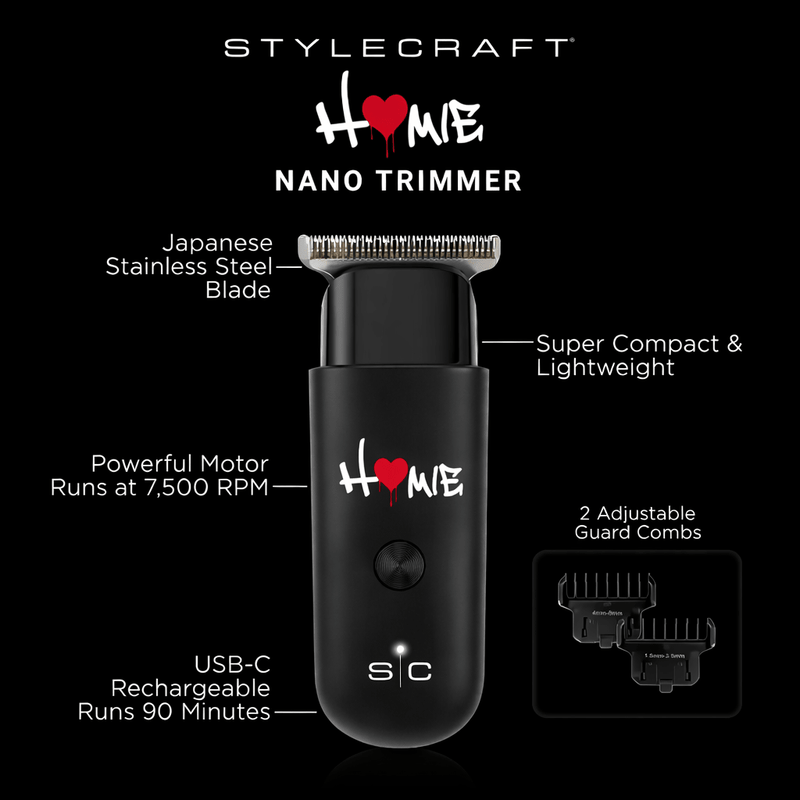 Stylecraft Home Nano Trimmer with features highlighted on a black background