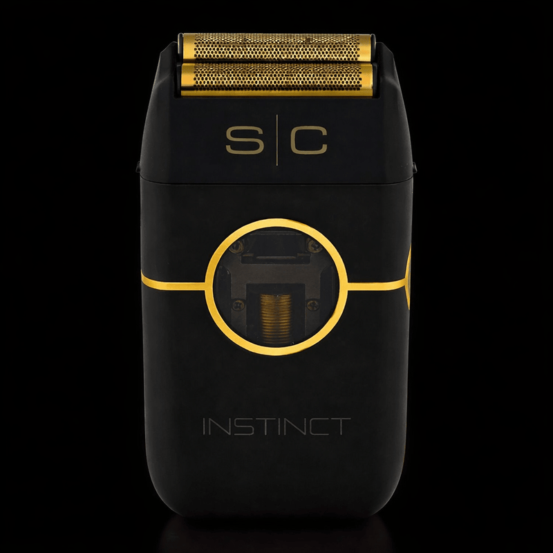 Black and gold electric shaver with 'SC' branding on a black background