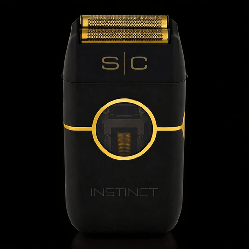 Black and gold electric shaver with 'SC' branding on a black background