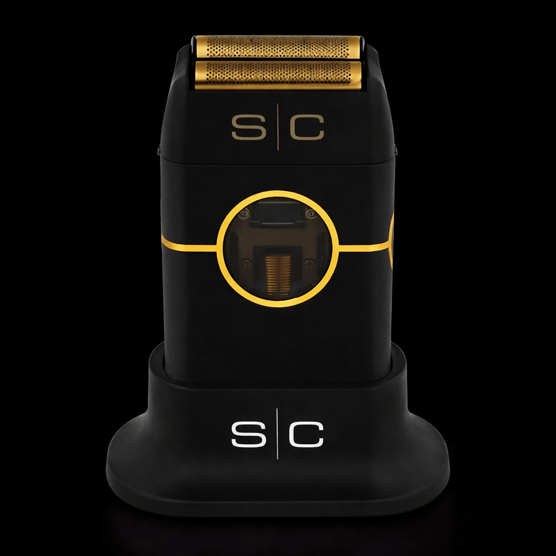 Black and gold electric shaver with 's/c' branding on a black background