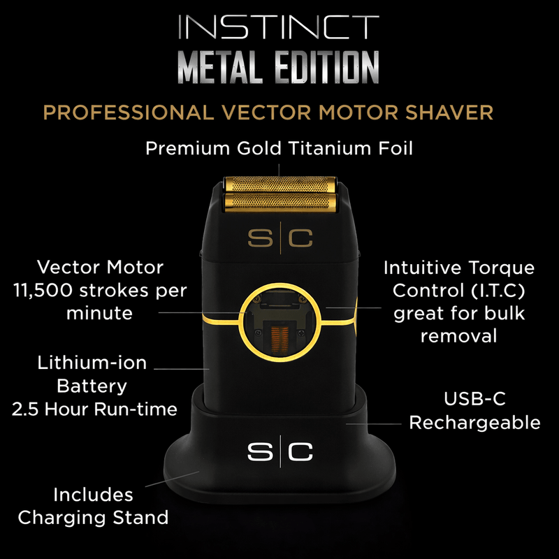 Professional vector motor shaver with features highlighted on a black background