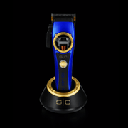 Blue and gold hair trimmer on a black background
