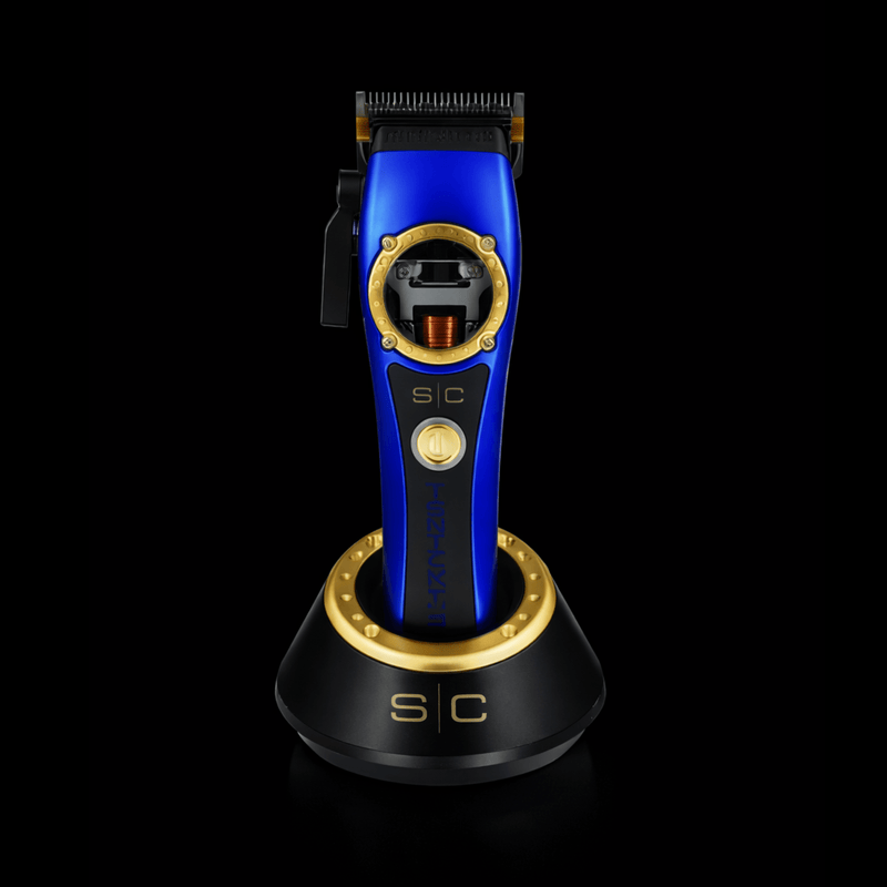 Blue and gold hair trimmer on a black background