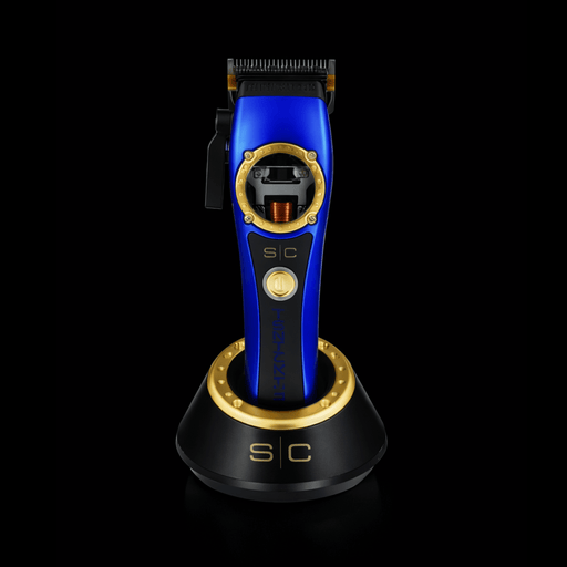 StyleCraft Instinct clipper in blue and gold on its charging base, black background