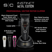 S/C Instinct Metal Edition professional vector motor clipper with features highlighted on a black background