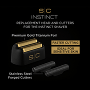 SC Instinct replacement head and cutters for shaver on a black background