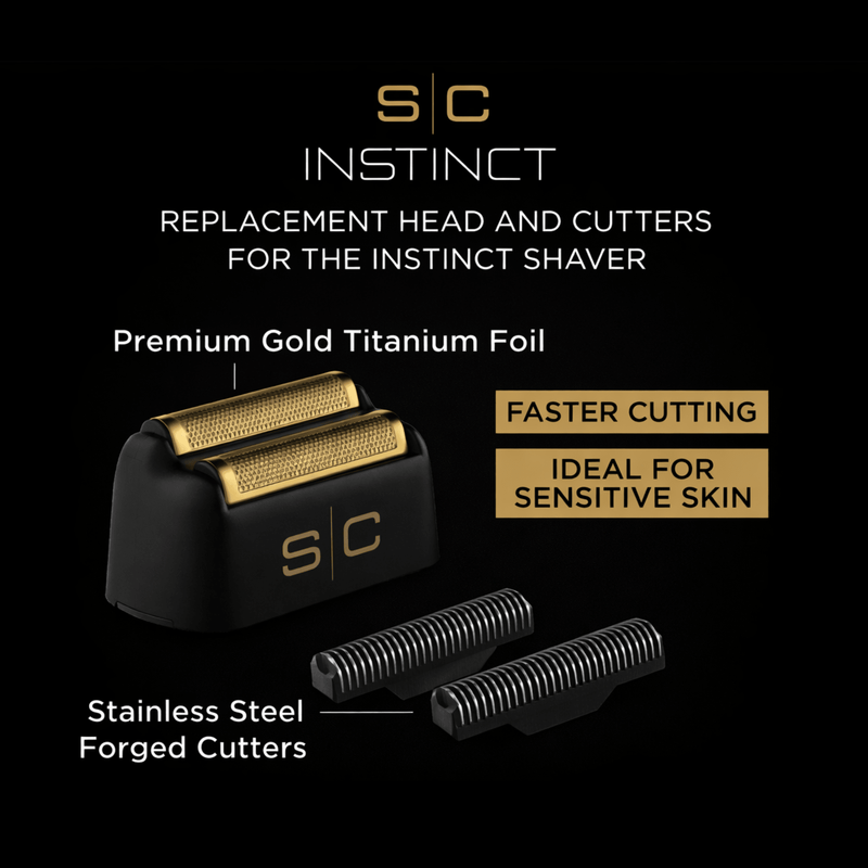SC Instinct replacement head and cutters for shaver on a black background