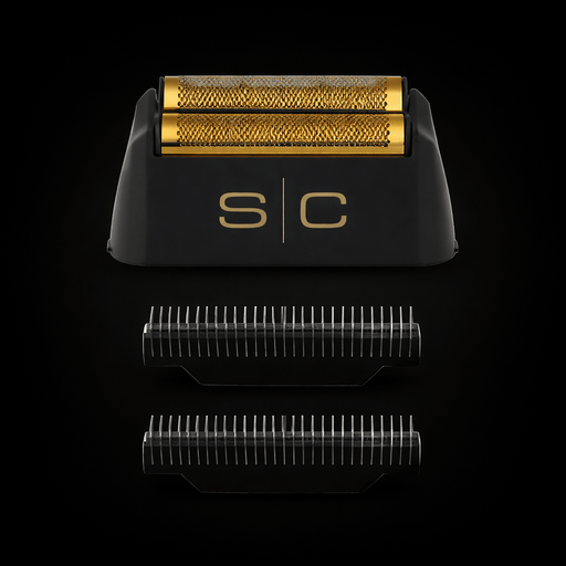 Shaving razor with gold head and black handle on a black background
