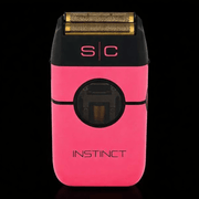 Pink electric shaver with 's/c' branding on a black background