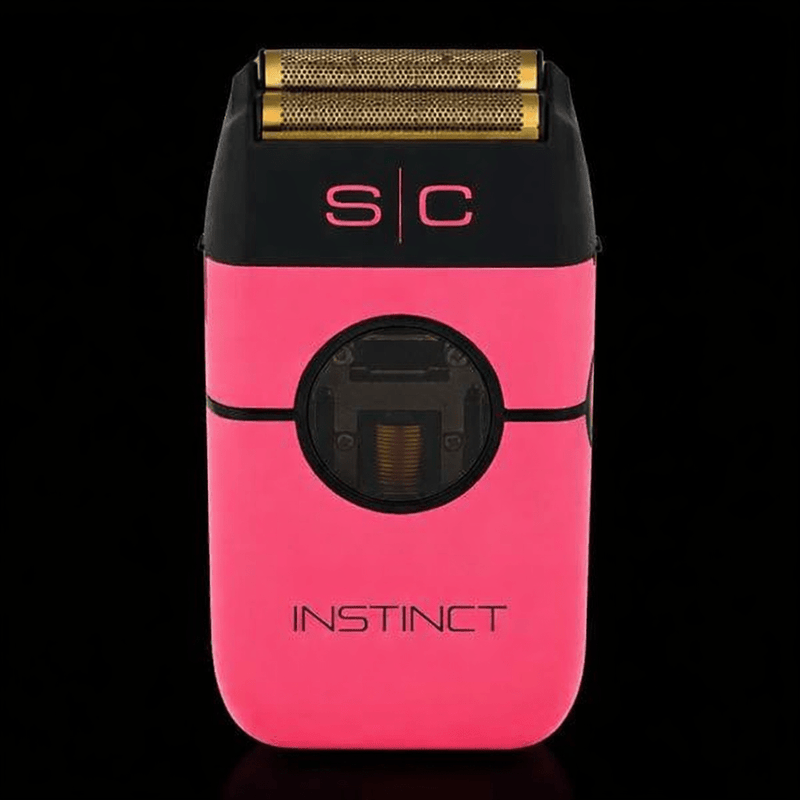 Pink electric shaver with 's/c' branding on a black background