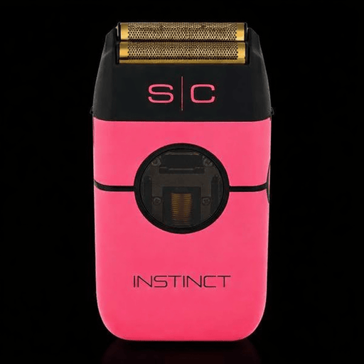 Pink electric shaver with 's/c' branding on a black background