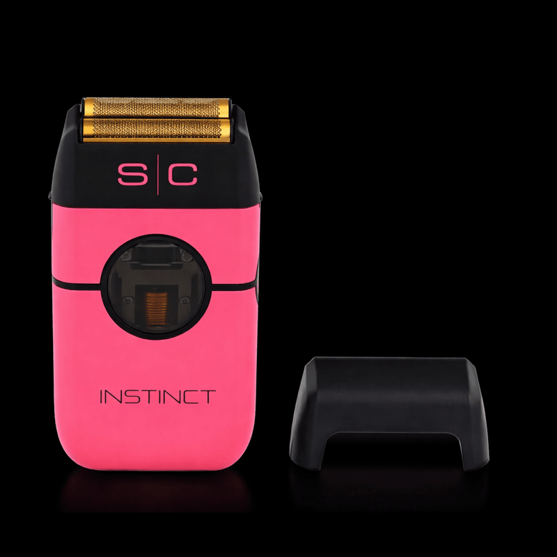 Pink and black electric shaver with 'SC' branding on a black background