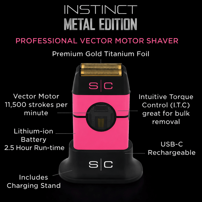 Pink and black professional vector motor shaver with features listed on a black background