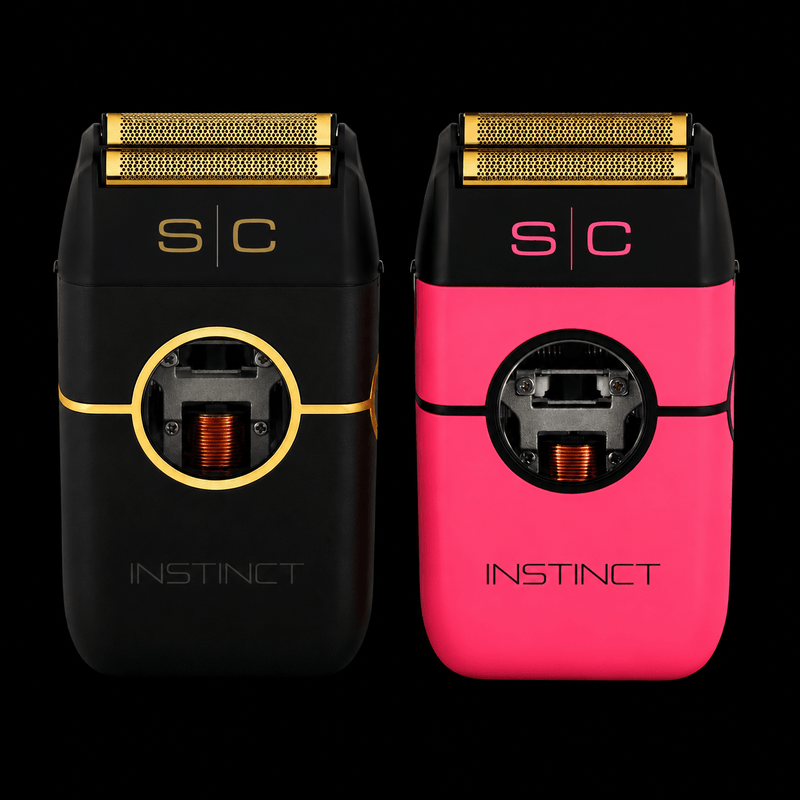StyleCraft Instinct foil shavers in black and pink with gold titanium foils on a black background