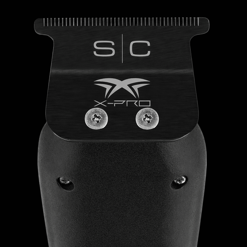 Black trimmer head with 'SC' and 'X-Pro' branding on a clear background