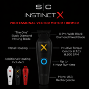 SIO Instinct X professional vector motor trimmer with features listed on a black background