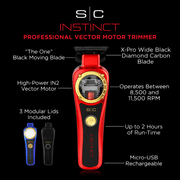 S/C Instinct professional vector motor trimmer with features highlighted on a black background