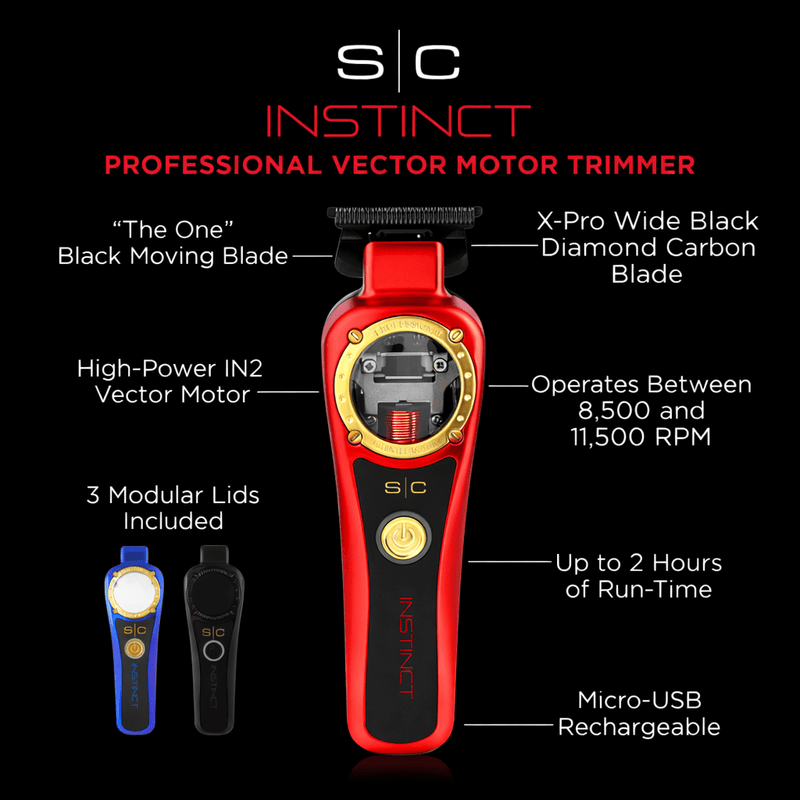 S/C Instinct professional vector motor trimmer with features highlighted on a black background