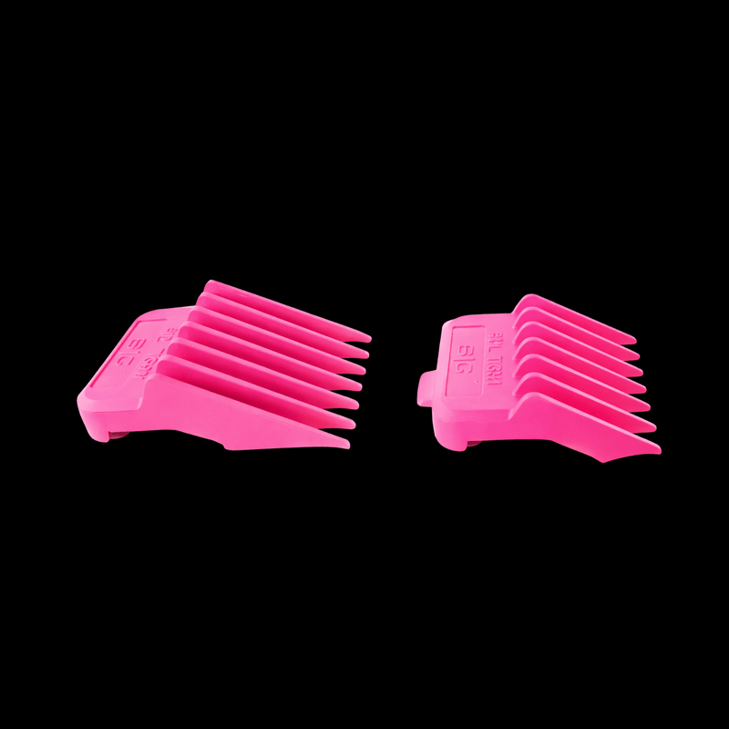 Two pink hair clipper attachments on a black background