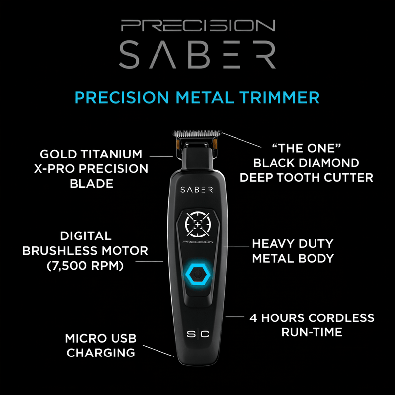 Precision Saber metal trimmer with features highlighted on a black background