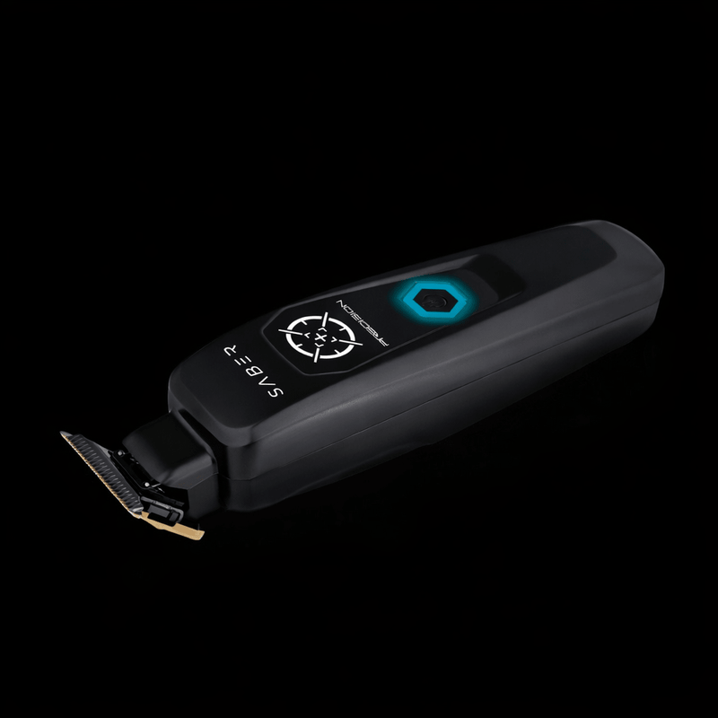 Black grooming clipper with brand logo on a black background