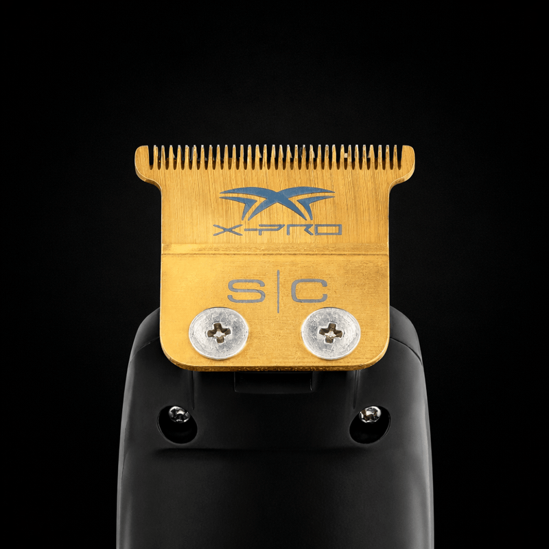 Hair trimmer head with 'X-Pro' branding on a black background