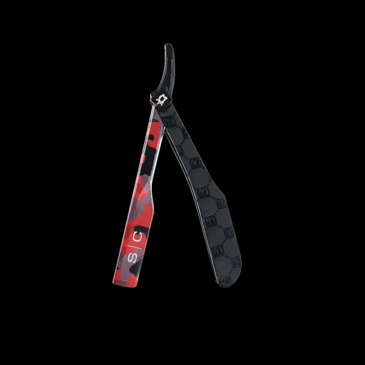 Hair cutting scissors with a camouflage pattern on a black background