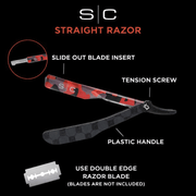 Diagram of a straight razor with labeled parts on a black background