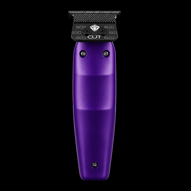 Rear view of StyleCraft Purple Reign professional cordless trimmer showing X-Pro blade assembly.