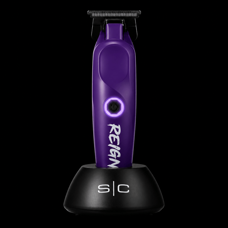 StyleCraft Purple Reign cordless trimmer displayed in charging stand.