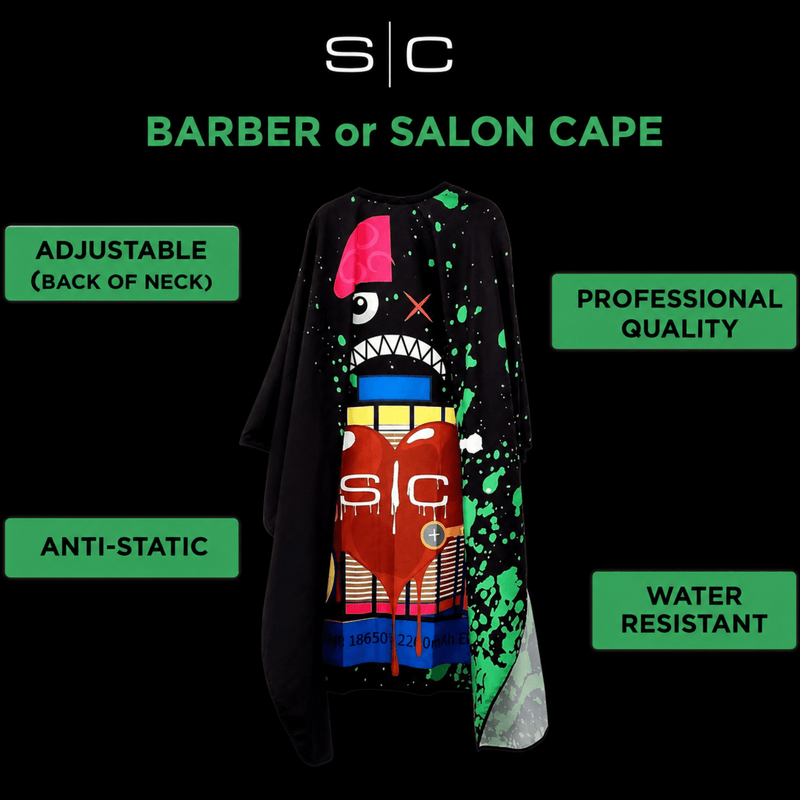 StyleCraft Radioactive Black Barber Cape feature graphic showing adjustable anti-static water resistant professional quality for Primos Barber Supply