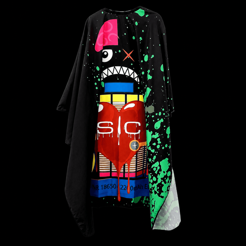 StyleCraft Radioactive Black Barber Cape front product photo on black background for Primos Barber Supply