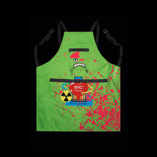 Green apron with colorful designs and text on a black background