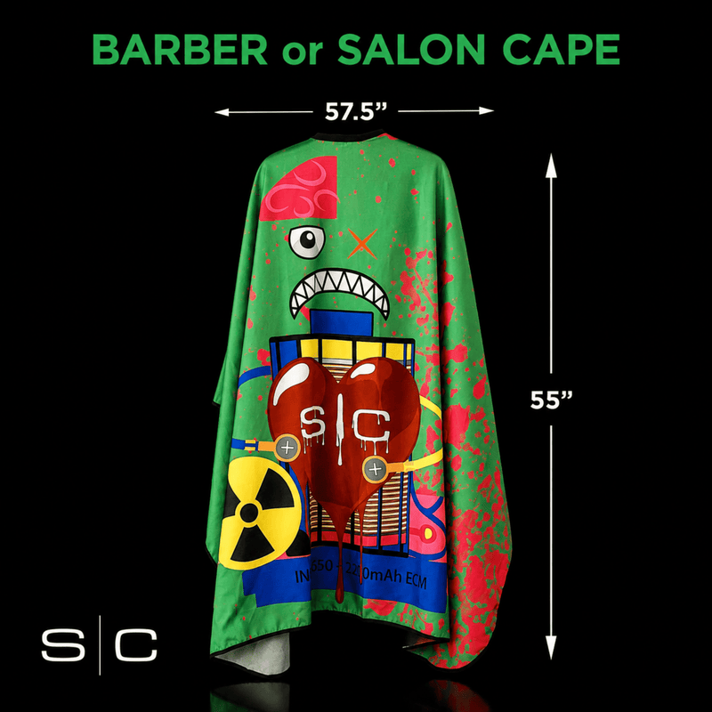 StyleCraft Radioactive Green Barber Cape size chart showing 57.5 inch by 55 inch dimensions for Primos Barber Supply