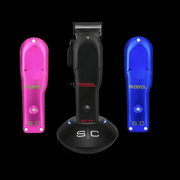 Three hair trimmers in pink, black, and blue on a black background with 'REBEL' branding.