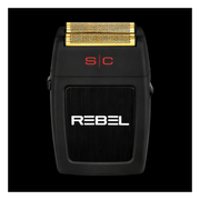 Black and gold electric shaver with 'REBEL' branding on a black background