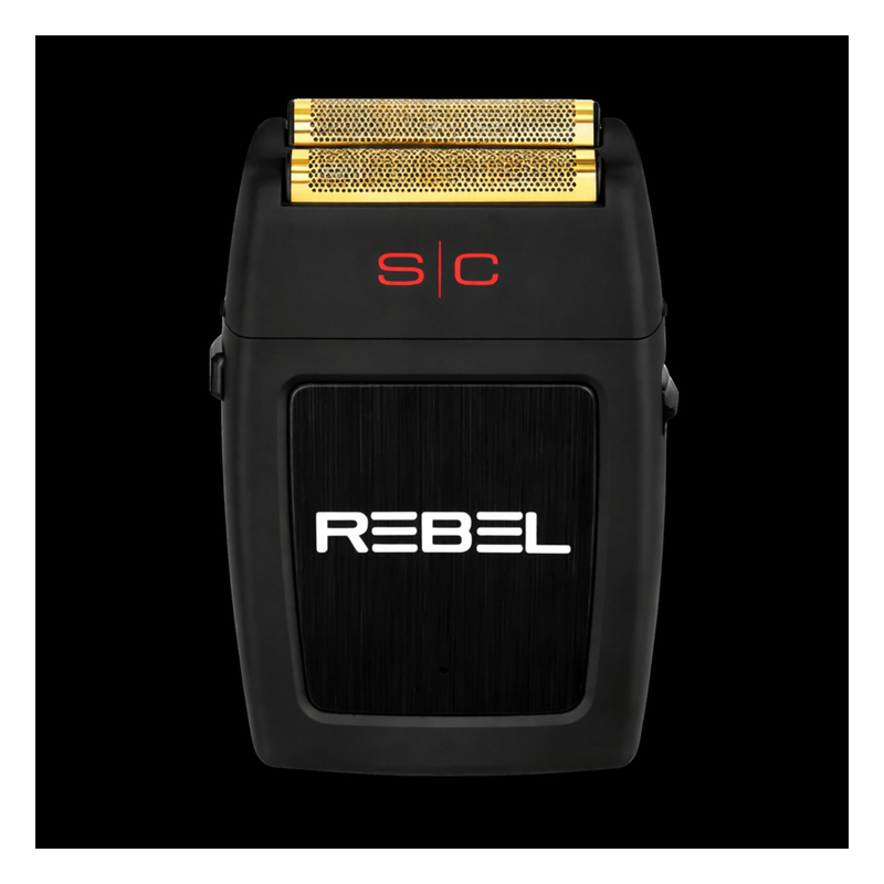 Black and gold electric shaver with 'REBEL' branding on a black background