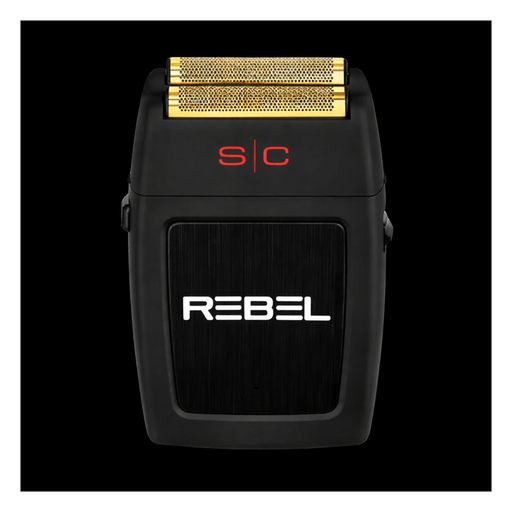 Black and gold electric shaver with 'REBEL' branding on a black background