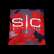 Red and gray camouflage cape with white logo on a black background