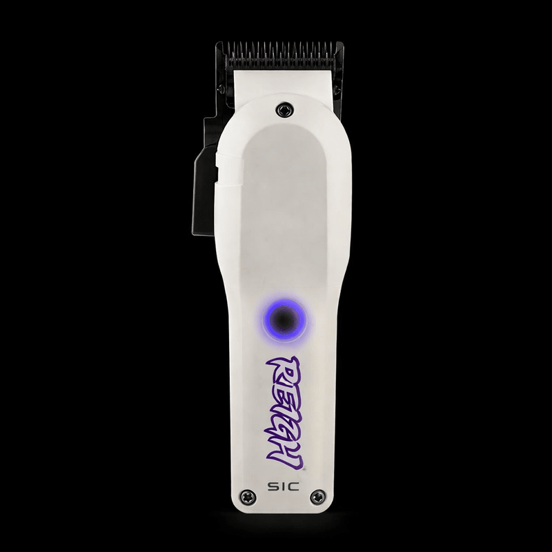 White hair clipper with purple branding on a black background