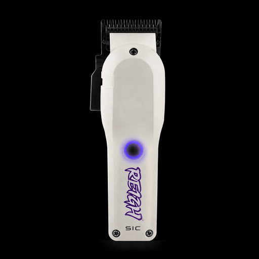 White hair clipper with purple branding on a black background