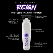 Stylecraft Reign professional hair trimmer with features highlighted on a black background