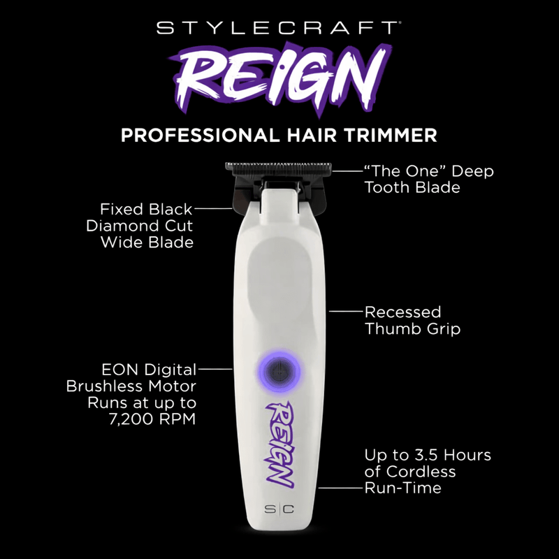 Stylecraft Reign professional hair trimmer with features highlighted on a black background