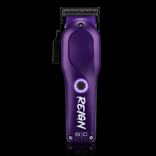 Purple hair clipper with 'Reign' branding on a black background