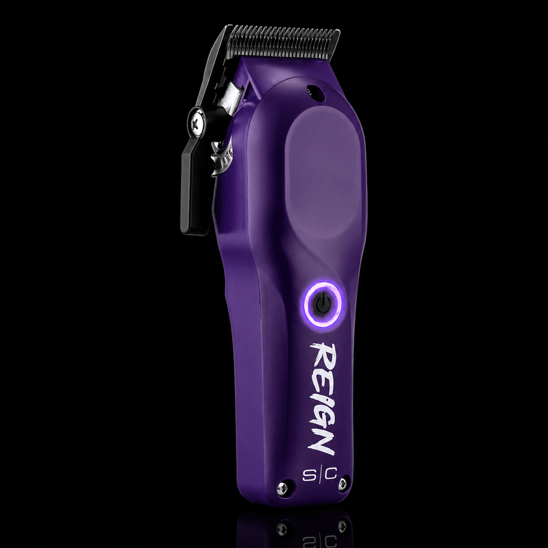 Purple hair clipper with 'Reign' branding on a black background
