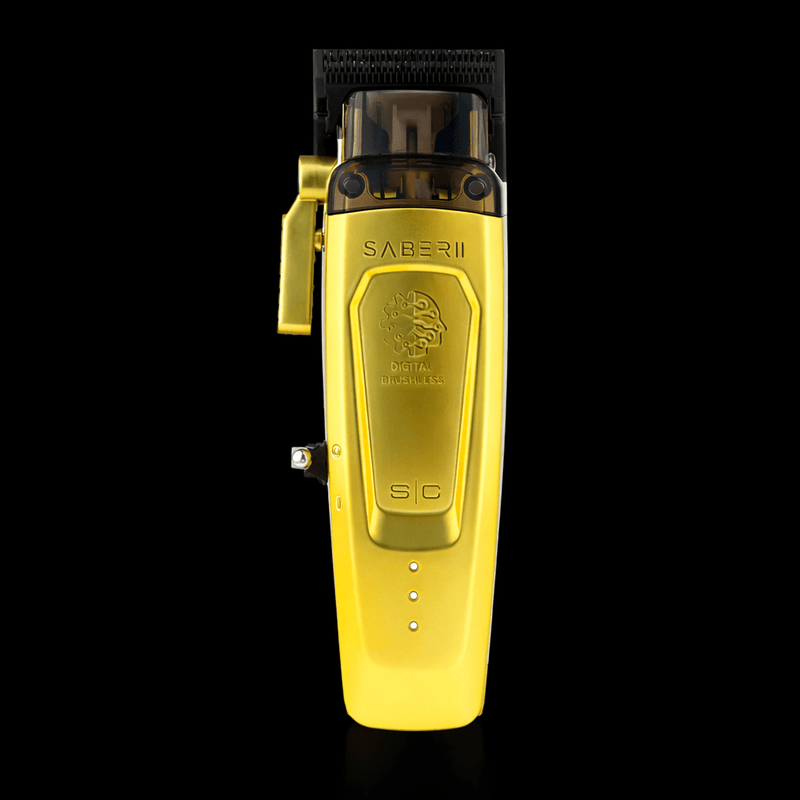 Yellow hair trimmer with 'Saber II' branding on a black background