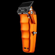 StyleCraft Saber 2.0 orange clipper angled back view with Echo blade, taper lever and USB-C port on black background