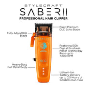 StyleCraft Saber 2.0 orange clipper features infographic: DLC Echo blade, EON brushless motor 7,200 RPM, 2.5 hr run time