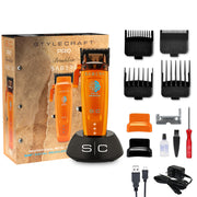 StyleCraft Saber 2.0 orange clipper kit contents: box, charging stand, 4 guards, oil, brush, USB-C cable and adapter