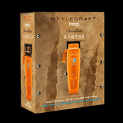 StyleCraft Pro Saber II orange cordless clipper retail box packaging featuring EON digital brushless motor technology, angled view